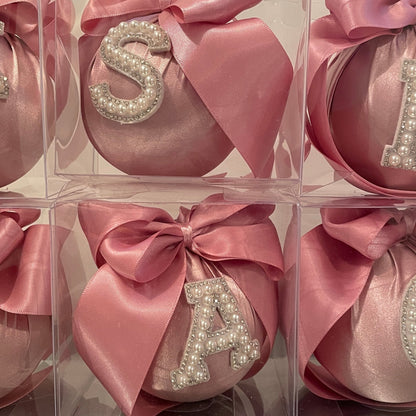 PEARL INITIAL BLUSH MATTE SATIN CHRISTMAS BAUBLES