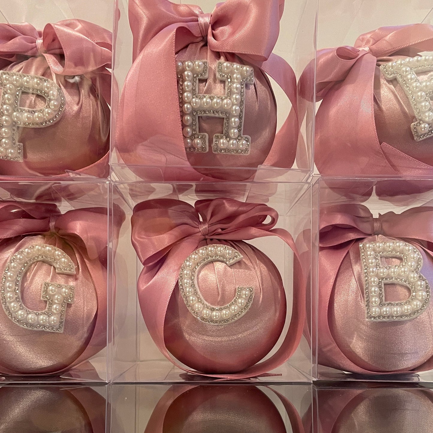 PEARL INITIAL BLUSH MATTE SATIN CHRISTMAS BAUBLES