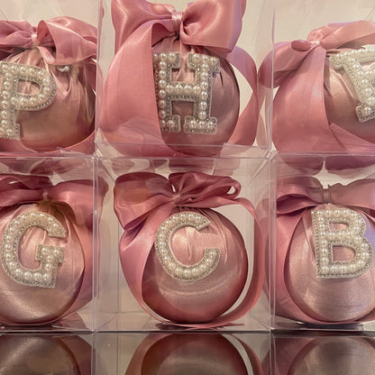 PEARL INITIAL BLUSH MATTE SATIN CHRISTMAS BAUBLES