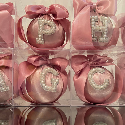 PEARL INITIAL BLUSH MATTE SATIN CHRISTMAS BAUBLES