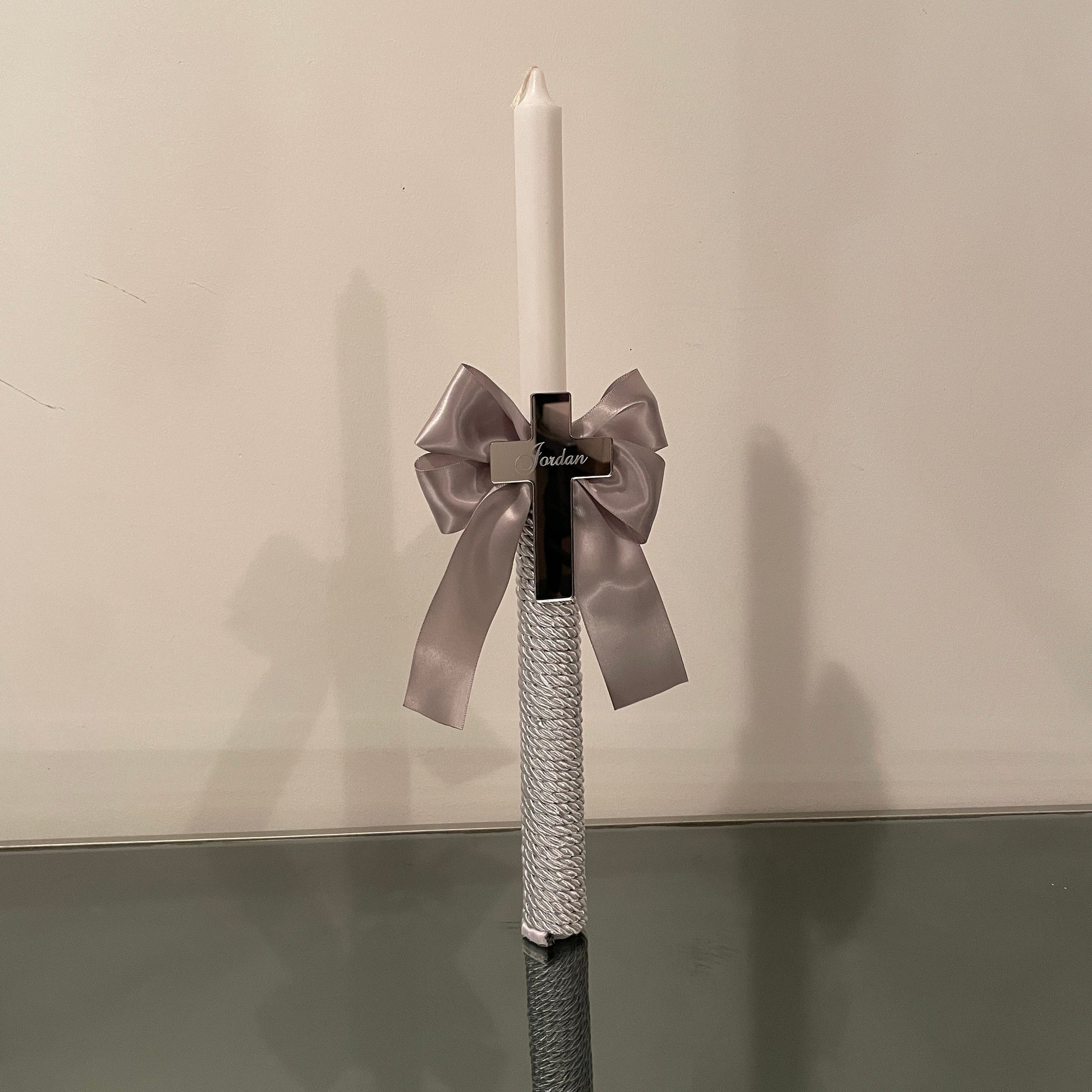 Personalized Christening Candle: Mirror Cross, Satin Bow