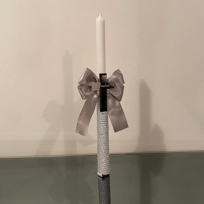 Personalized Christening Candle: Mirror Cross, Satin Bow