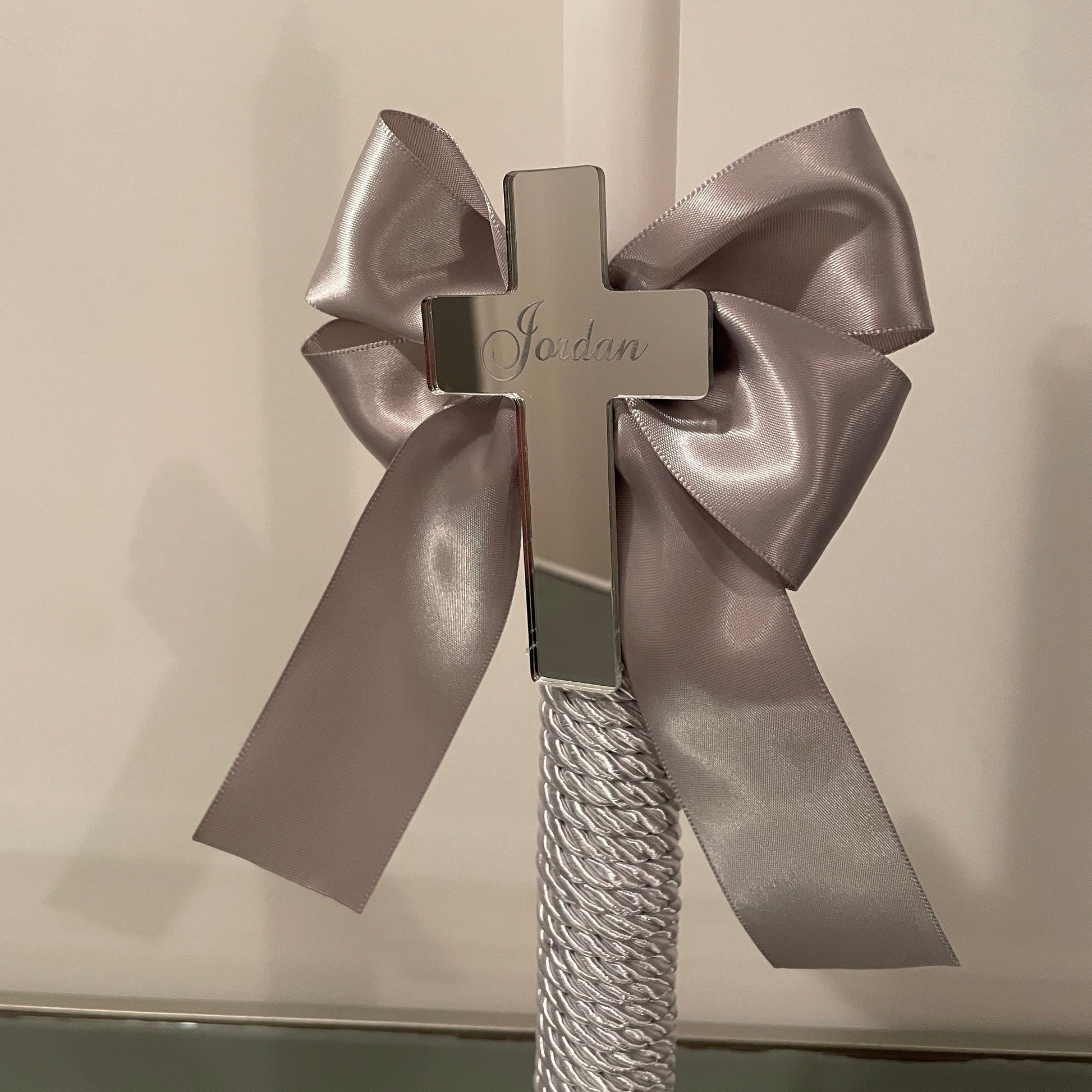 Personalized Christening Candle: Mirror Cross, Satin Bow