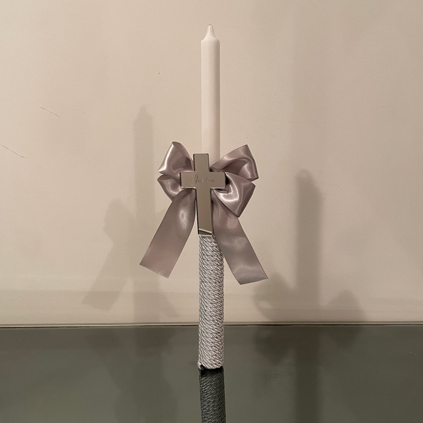 Personalized Christening Candle: Mirror Cross, Satin Bow
