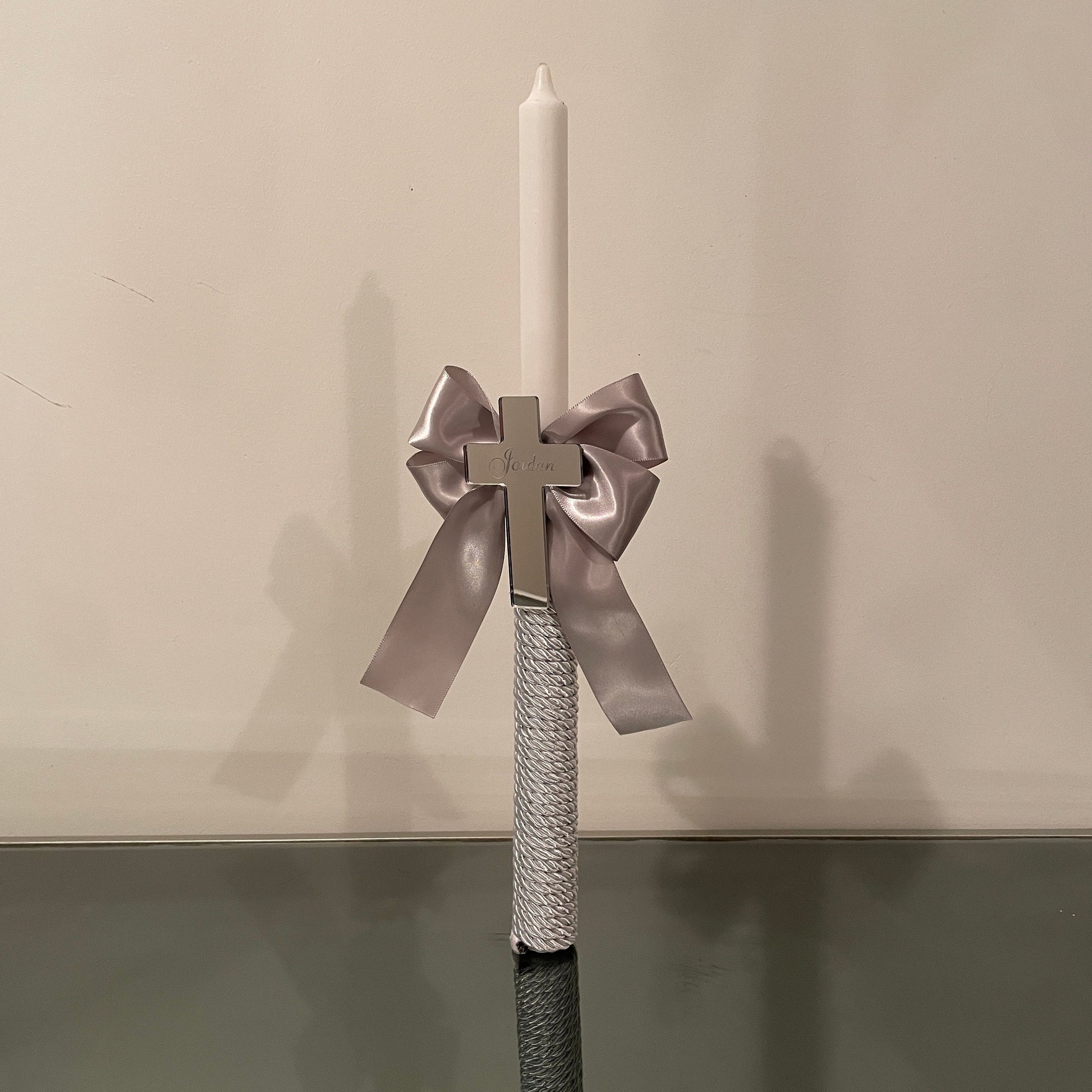 Personalized Christening Candle: Mirror Cross, Satin Bow