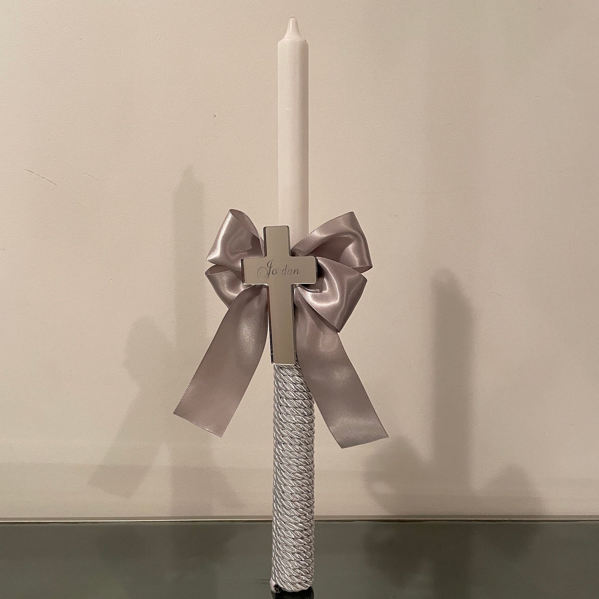 Personalized Christening Candle: Mirror Cross, Satin Bow
