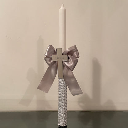 Personalized Christening Candle: Mirror Cross, Satin Bow