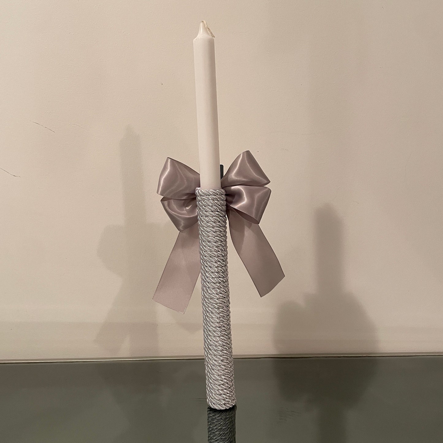 Personalized Christening Candle: Mirror Cross, Satin Bow