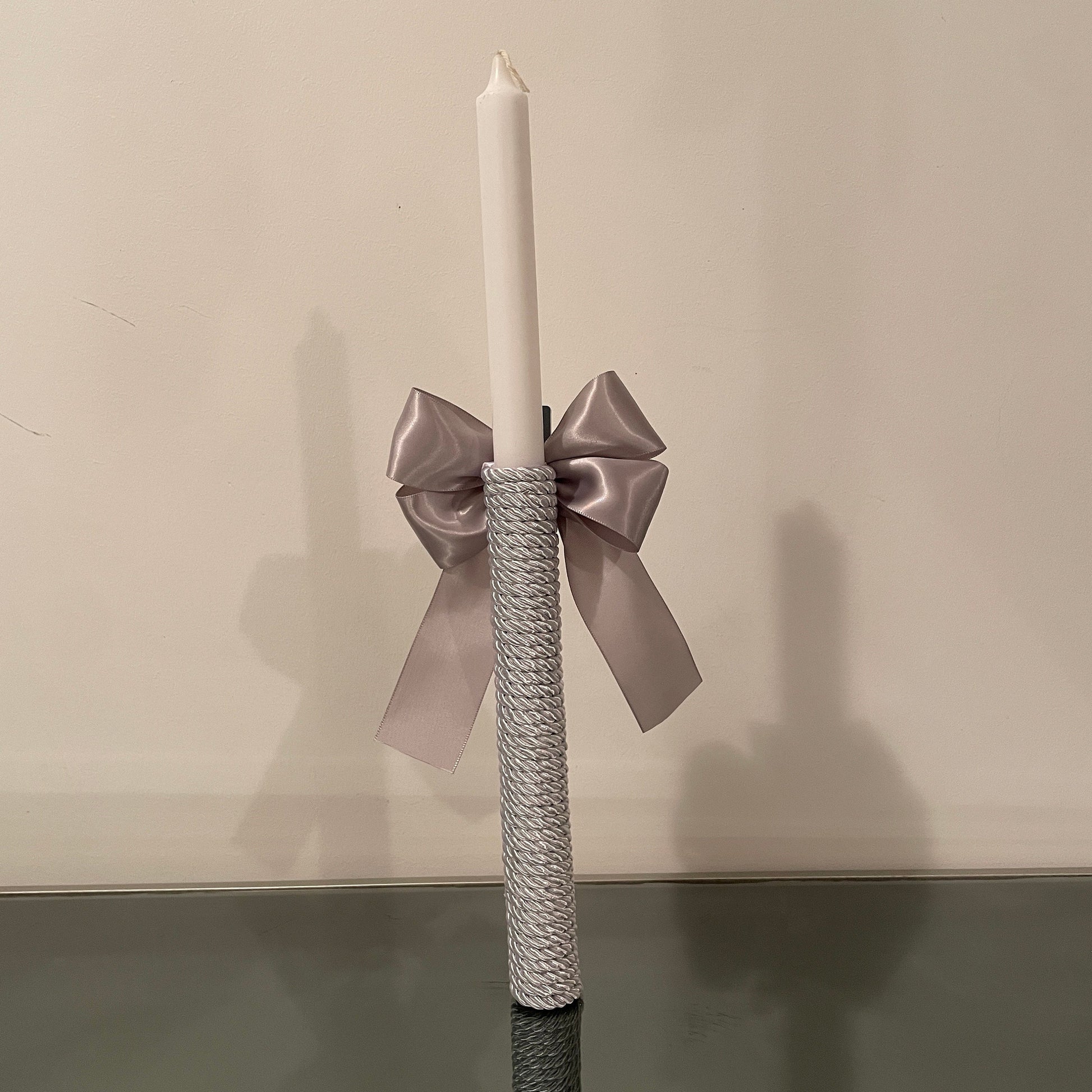 Personalized Christening Candle: Mirror Cross, Satin Bow