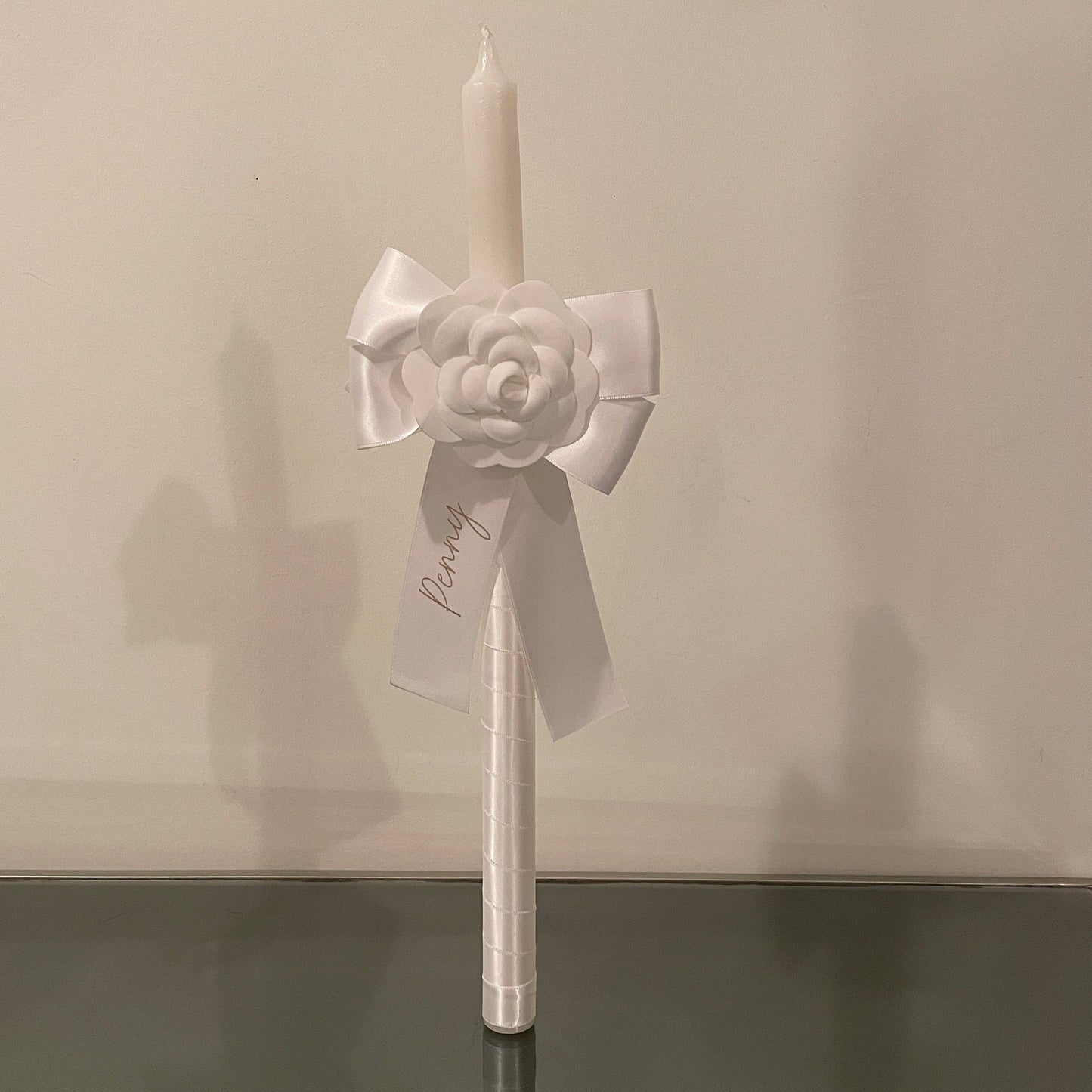 White Camellia  Candle Personalised White Satin Ribbon For Easter Palm Sunday Christening Baptism