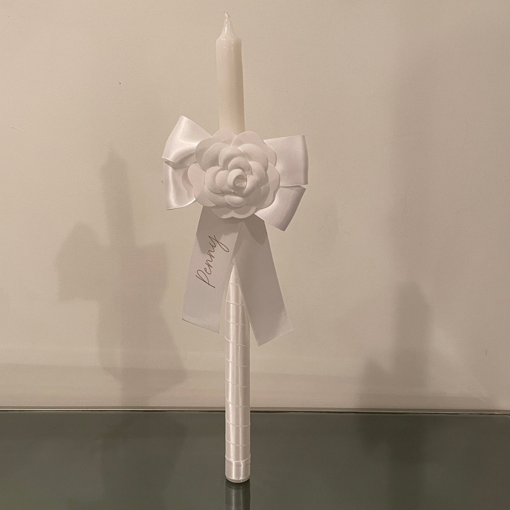 White Camellia  Candle Personalised White Satin Ribbon For Easter Palm Sunday Christening Baptism