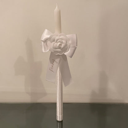 White Camellia  Candle Personalised White Satin Ribbon For Easter Palm Sunday Christening Baptism