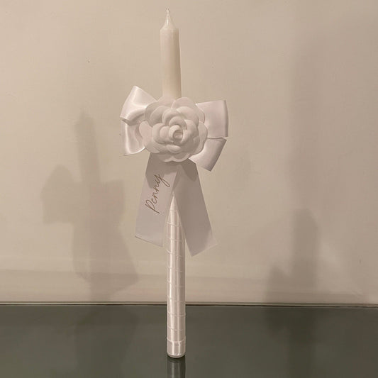 White Camellia  Candle Personalised White Satin Ribbon For Easter Palm Sunday Christening Baptism