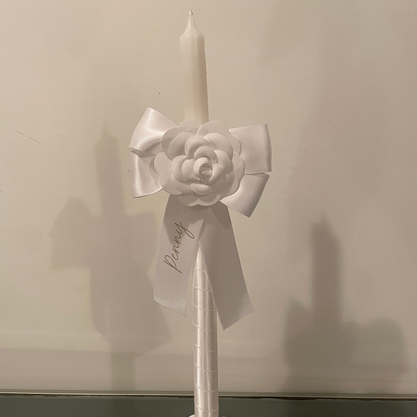 White Camellia  Candle Personalised White Satin Ribbon For Easter Palm Sunday Christening Baptism