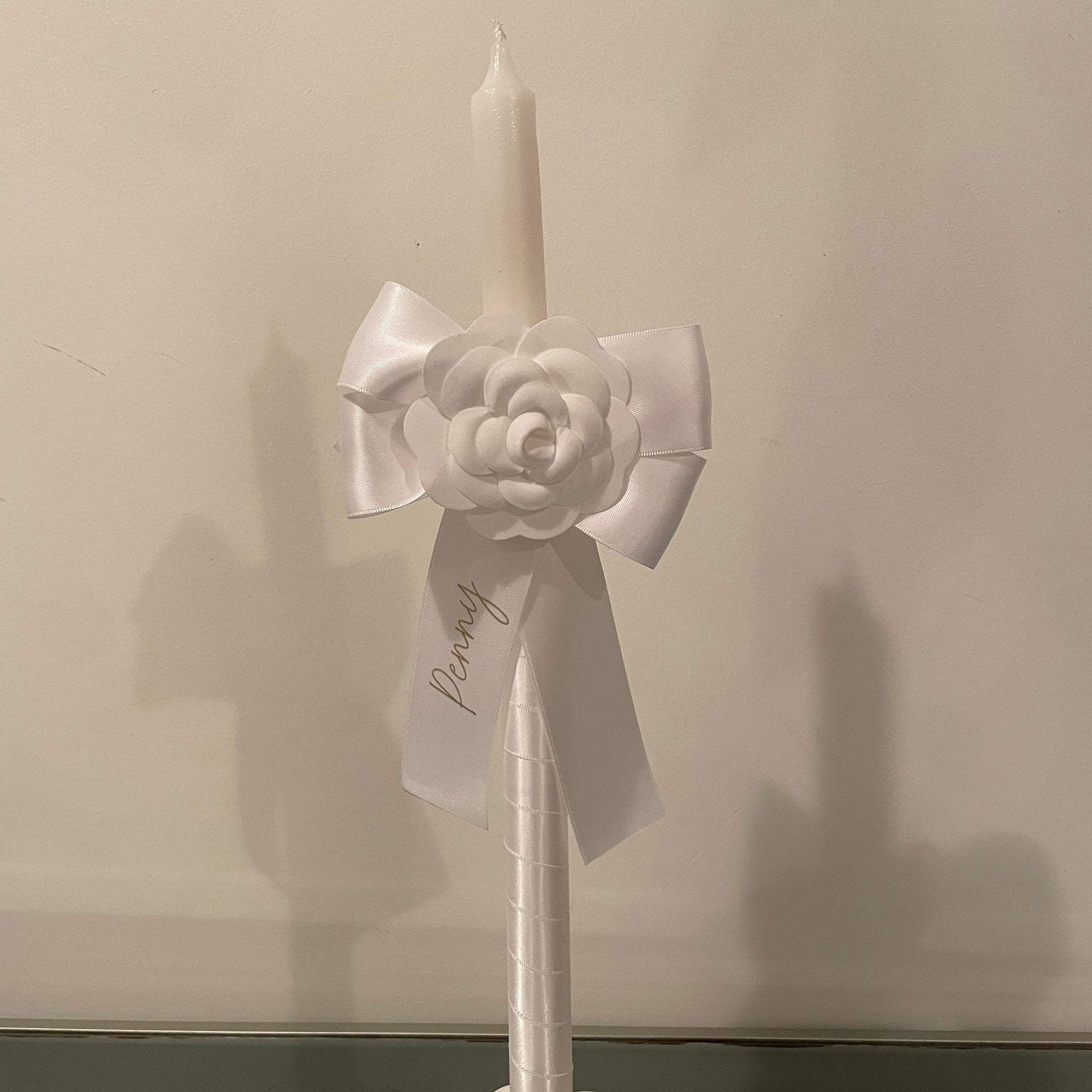 White Camellia  Candle Personalised White Satin Ribbon For Easter Palm Sunday Christening Baptism