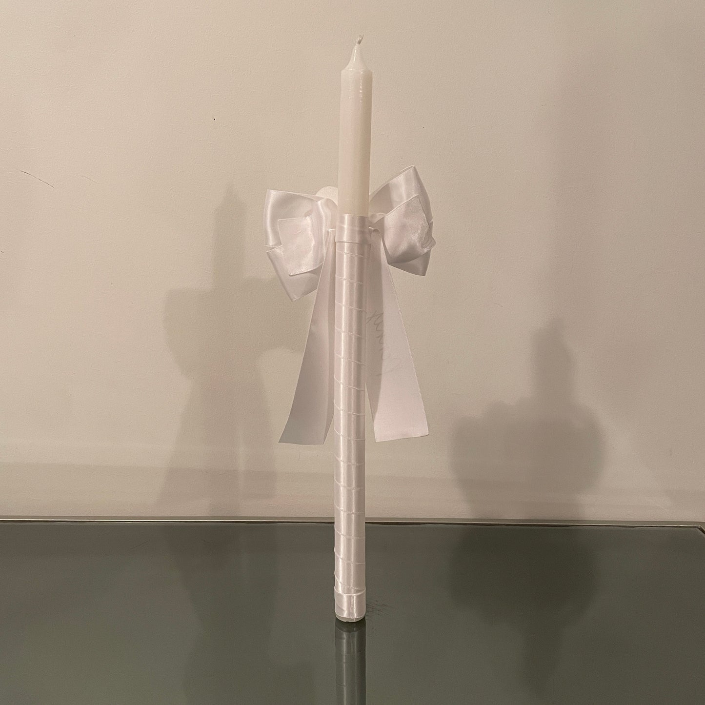 White Camellia  Candle Personalised White Satin Ribbon For Easter Palm Sunday Christening Baptism