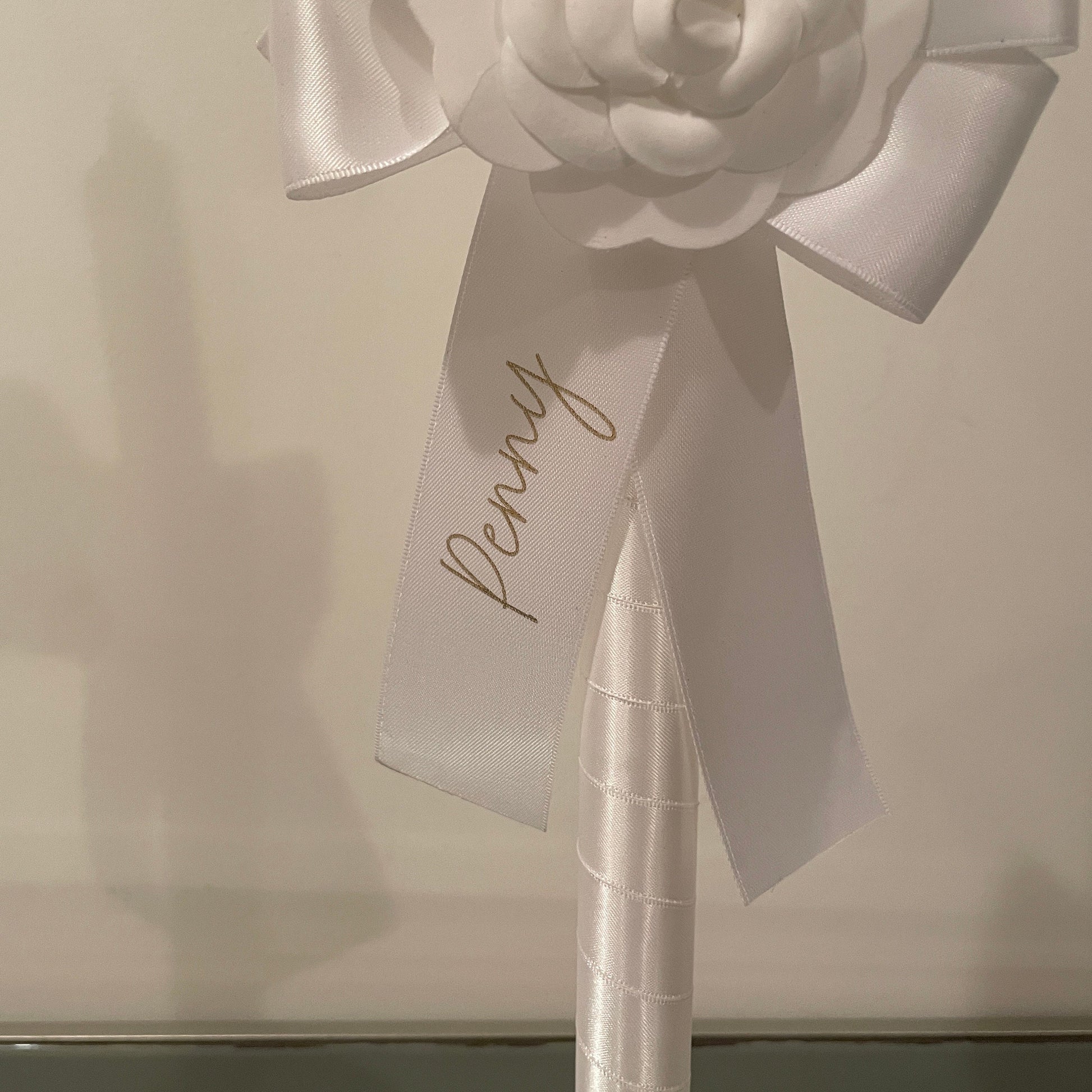 White Camellia  Candle Personalised White Satin Ribbon For Easter Palm Sunday Christening Baptism