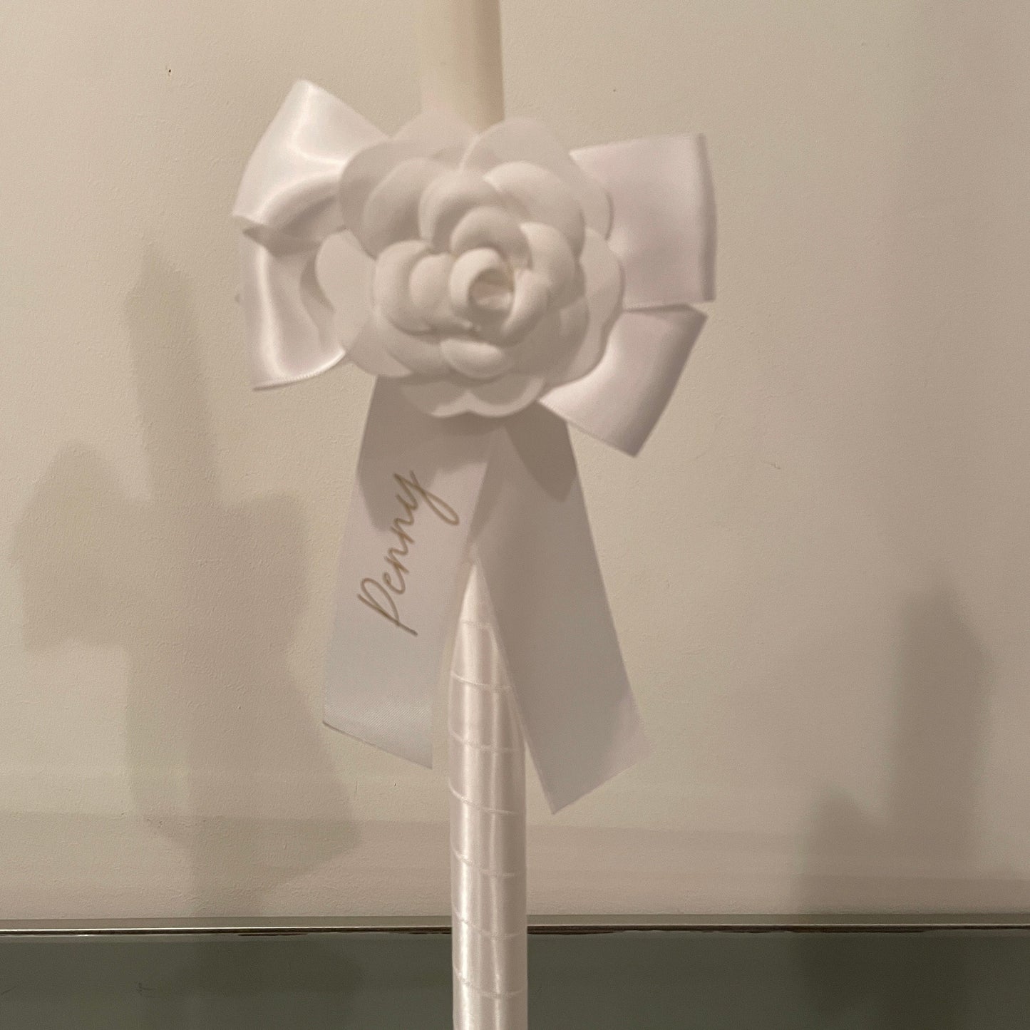 White Camellia  Candle Personalised White Satin Ribbon For Easter Palm Sunday Christening Baptism