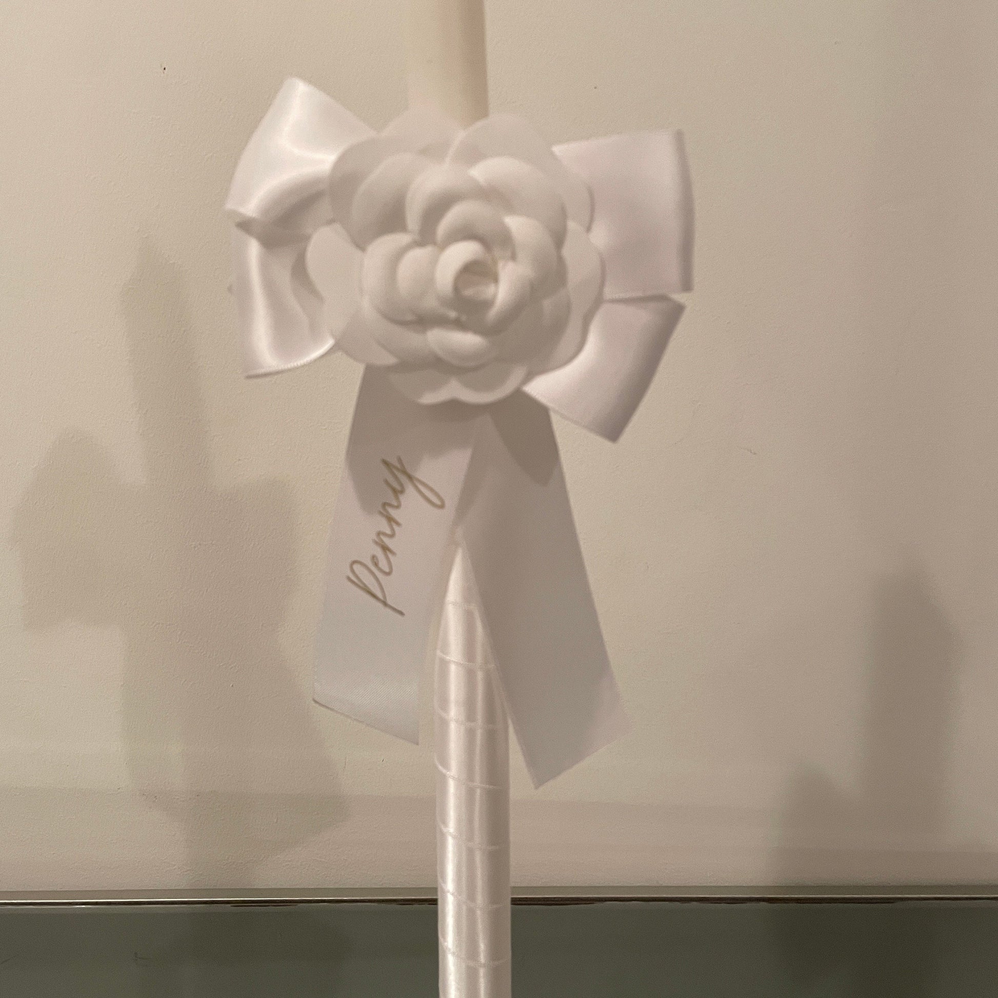 White Camellia  Candle Personalised White Satin Ribbon For Easter Palm Sunday Christening Baptism