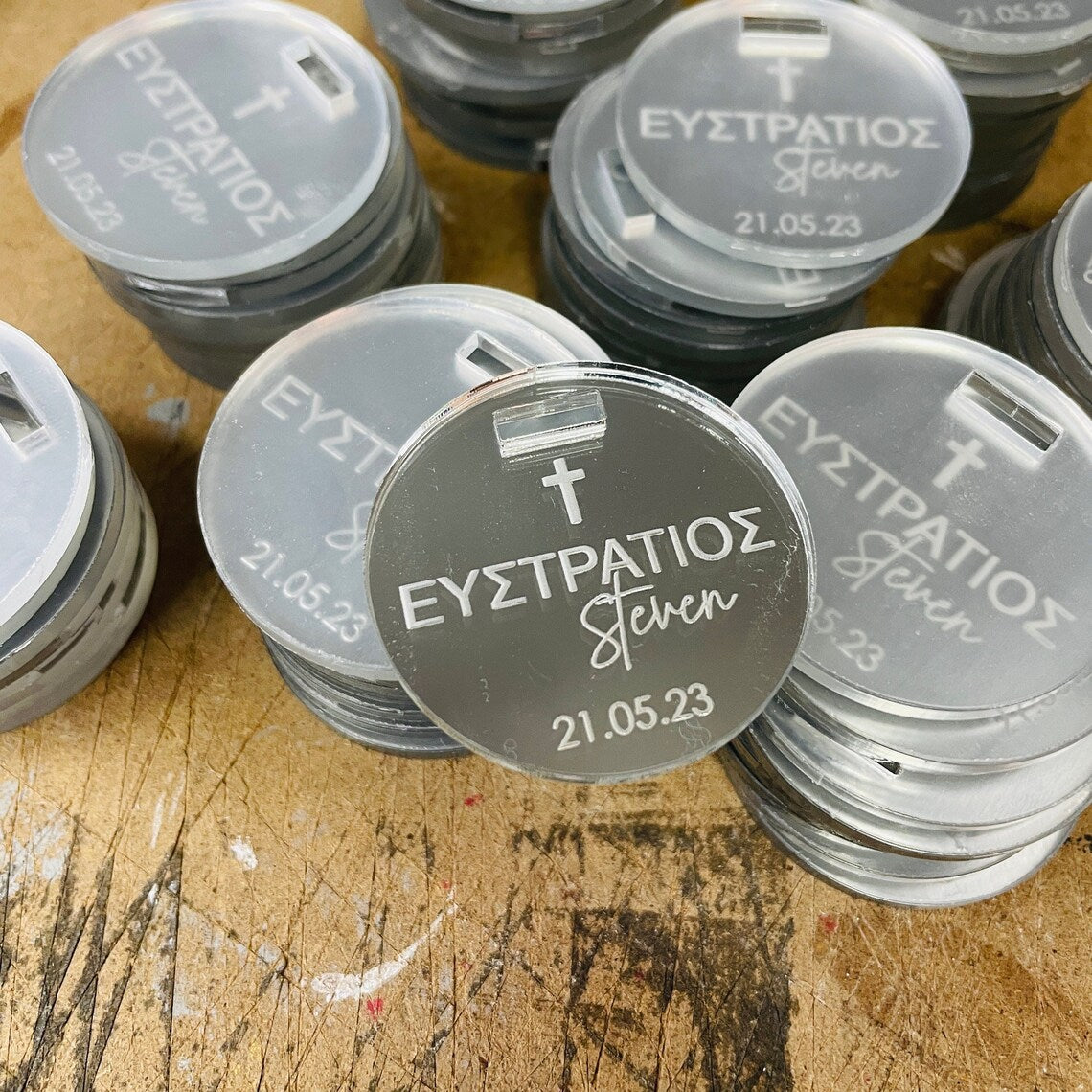 10 X GREEK TEXT PERSONALISED ACRYLIC TAGS