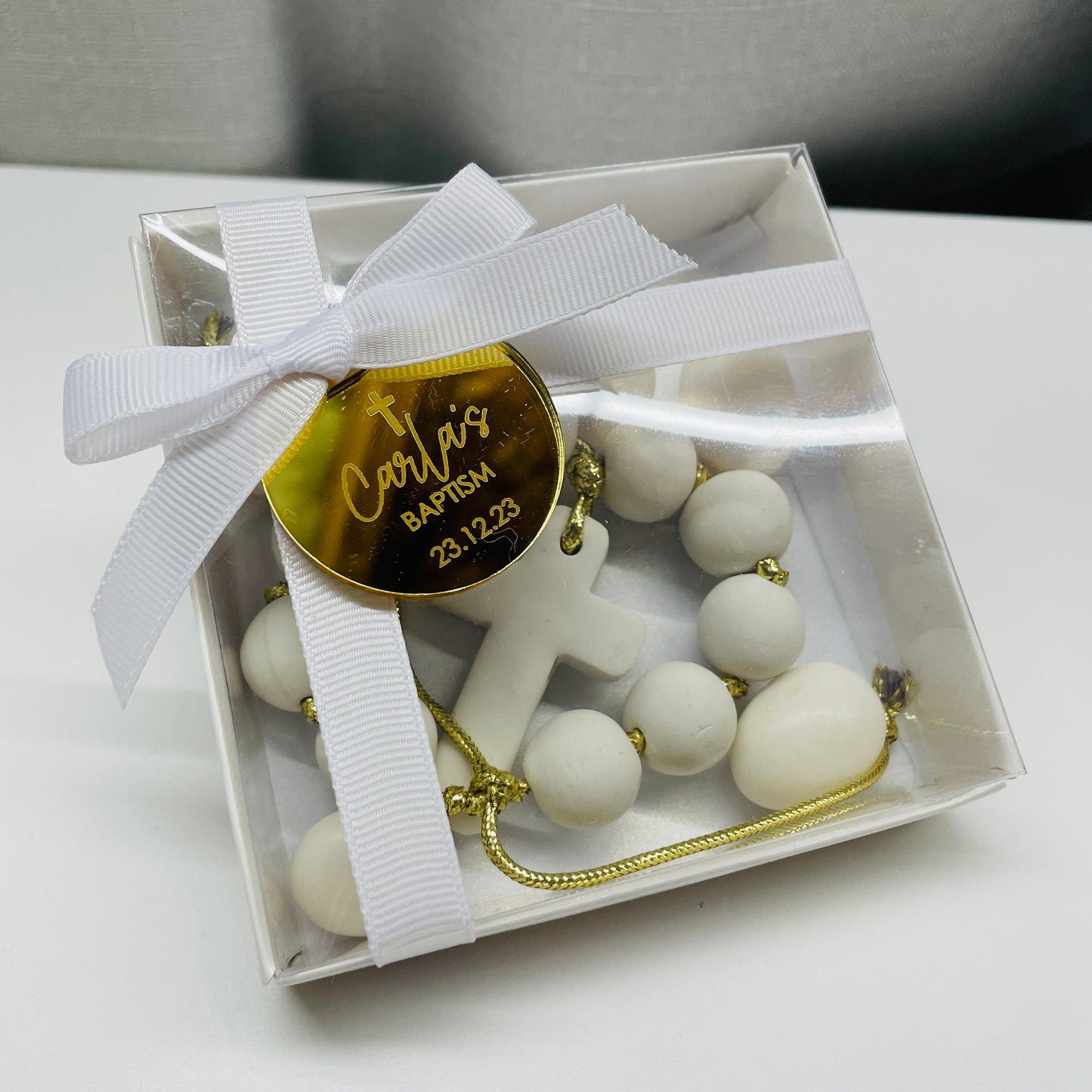 CLAY BEADS BOMBONIERE PERSONALISED TAG READY MADE BOXED