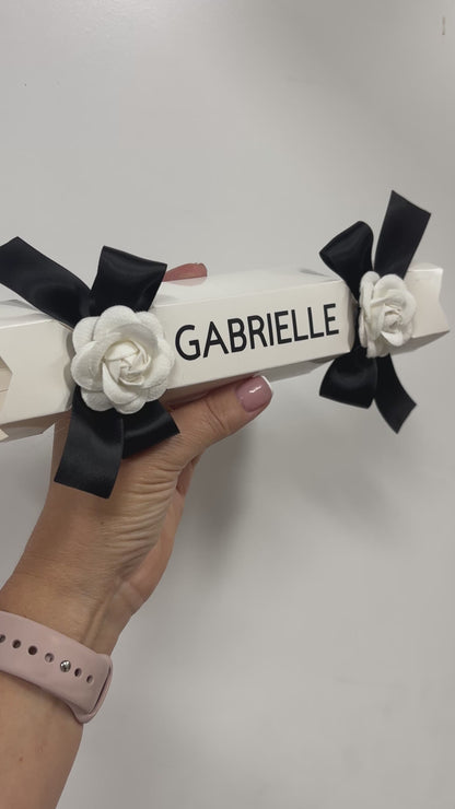 PERSONALISED CHRISTMAS CRACKERS BLACK & WHITE CAMELLIA