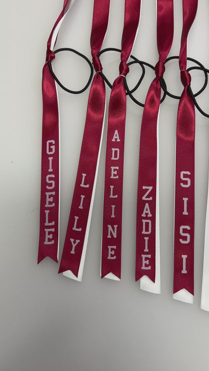 TEAM HAIR RIBBONS 2 COLOURS 15MM VERTICAL COLLEGE FONT