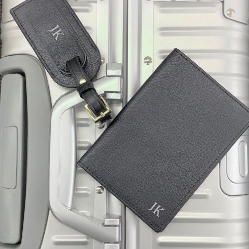 PERSONALISED LEATHER PASSPORT COVER AND LUGGAGE TAG SET BLACK