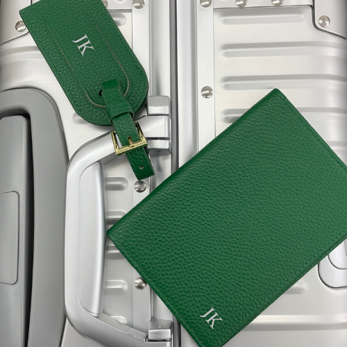 PERSONALISED LEATHER PASSPORT COVER AND LUGGAGE TAG SET EMERALD