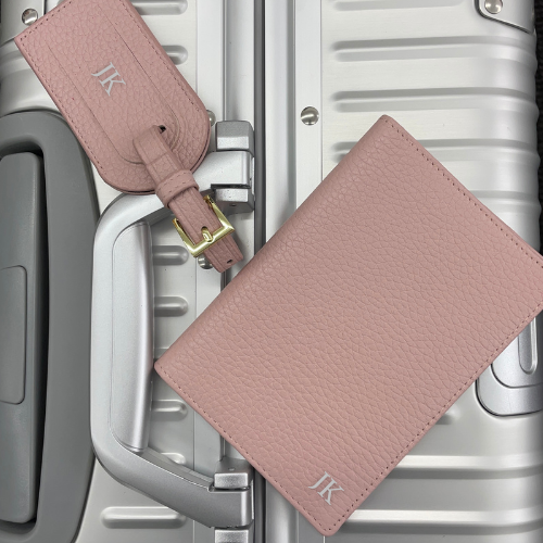 PERSONALISED LEATHER PASSPORT COVER AND LUGGAGE TAG SET PINK