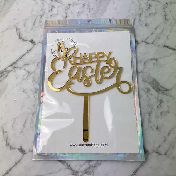 HAPPY EASTER CAKE TOPPER GOLD & SILVER MIRROR x 6