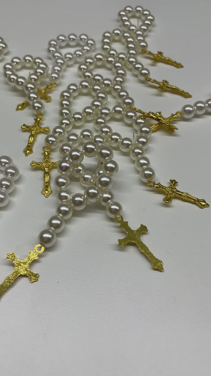 12 X MINI WHITE PEARL ROSARY WITH GOLD CROSS