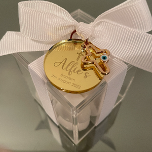 PERSONALISED TAG AND EVIL EYE CROSS CLEAR BOX BOMBONIERE