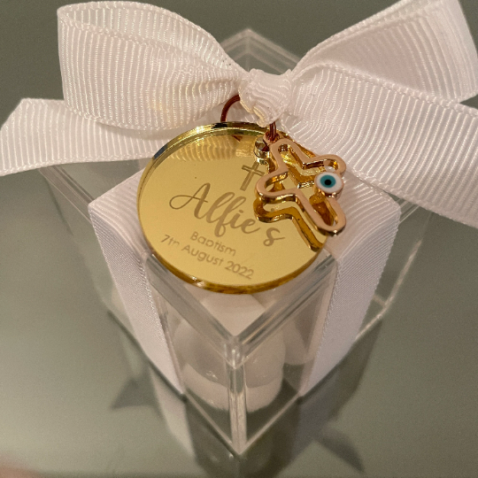 PERSONALISED TAG AND EVIL EYE CROSS CLEAR BOX BOMBONIERE