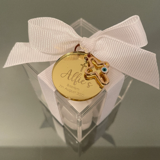 PERSONALISED TAG AND EVIL EYE CROSS CLEAR BOX BOMBONIERE