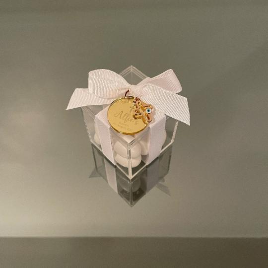 PERSONALISED TAG AND EVIL EYE CROSS CLEAR BOX BOMBONIERE