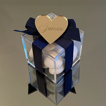 5 x PERSONALISED HEART TAG CLEAR BOX BOMBONIERE