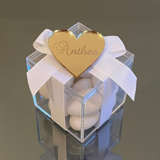 5 x PERSONALISED HEART TAG CLEAR BOX BOMBONIERE