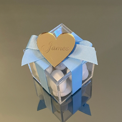 5 x PERSONALISED HEART TAG CLEAR BOX BOMBONIERE