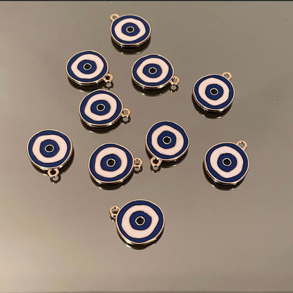 10 X ROUND NAVY GOLD METAL EVIL EYE CHARMS
