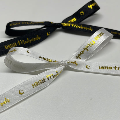 RAMADAN MUBARAK WHITE GOLD SATIN RIBBON
