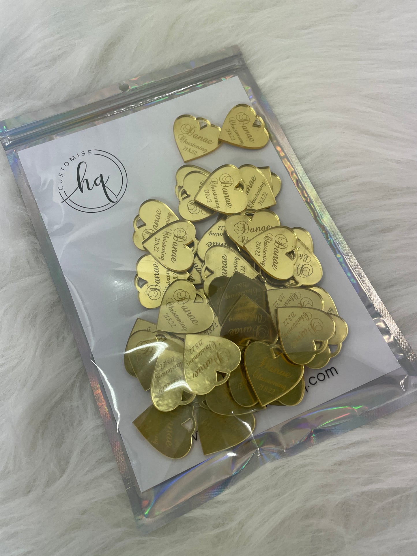 10 X PERSONALISED HEART ACRYLIC NAME TAGS