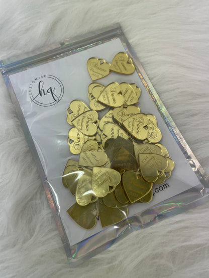10 X PERSONALISED HEART ACRYLIC NAME TAGS