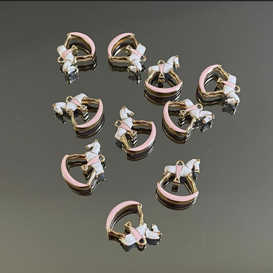 10 X PINK METAL ROCKING HORSE CHARMS