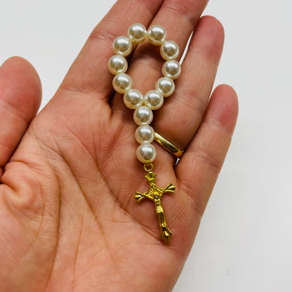12 X MINI WHITE PEARL ROSARY WITH GOLD CROSS