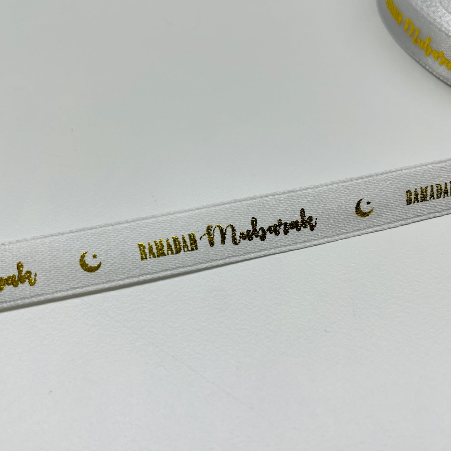 RAMADAN MUBARAK WHITE GOLD SATIN RIBBON