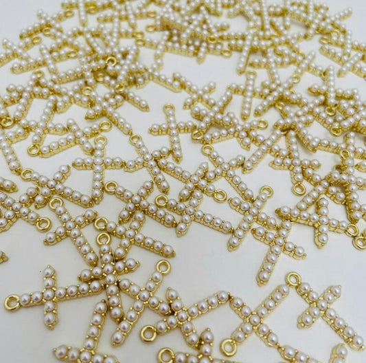 10 X GOLD PEARL CROSS CHARMS