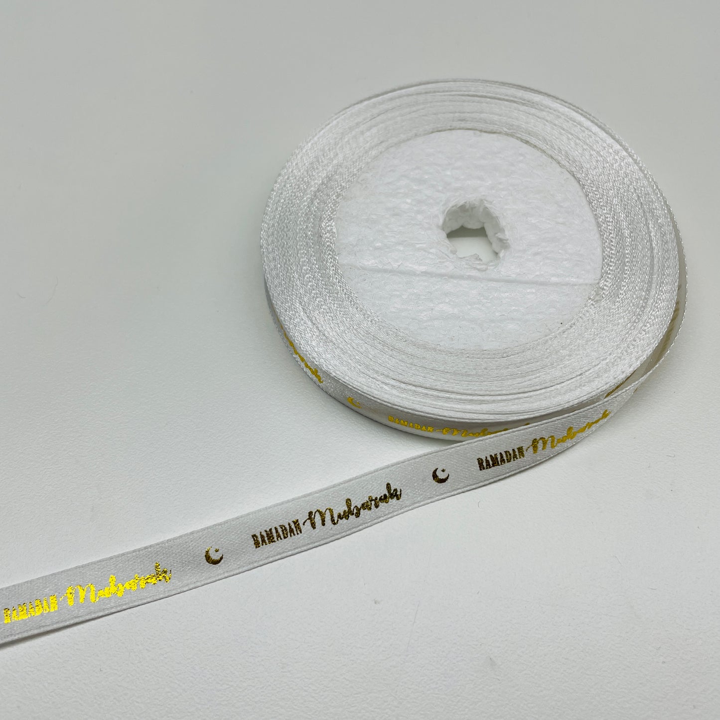 RAMADAN MUBARAK WHITE GOLD SATIN RIBBON