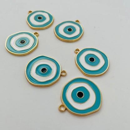 6 X LARGE ROUND EVIL EYE METAL CHARMS