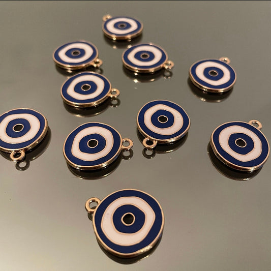 10 X ROUND NAVY GOLD METAL EVIL EYE CHARMS
